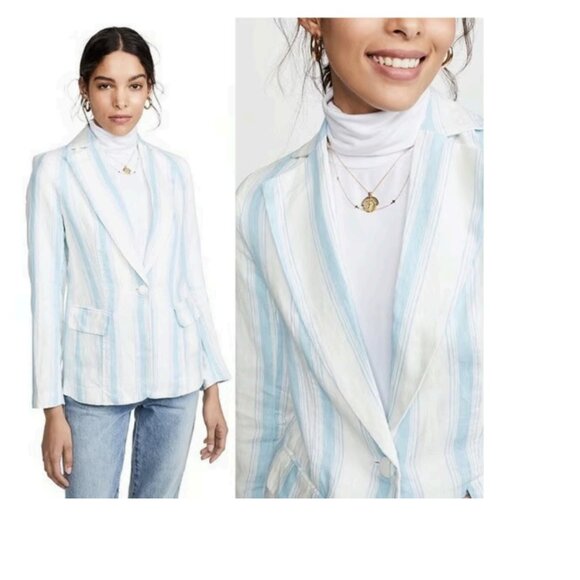 FRAME Classic Stripe Linen Blue White Blazer Size 4 - Picture 4 of 14